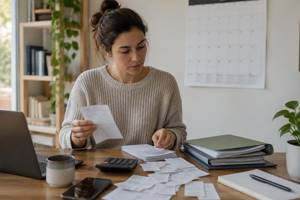 A freelancer sorting receipts and invoices beside a calculator and quarterly calendar