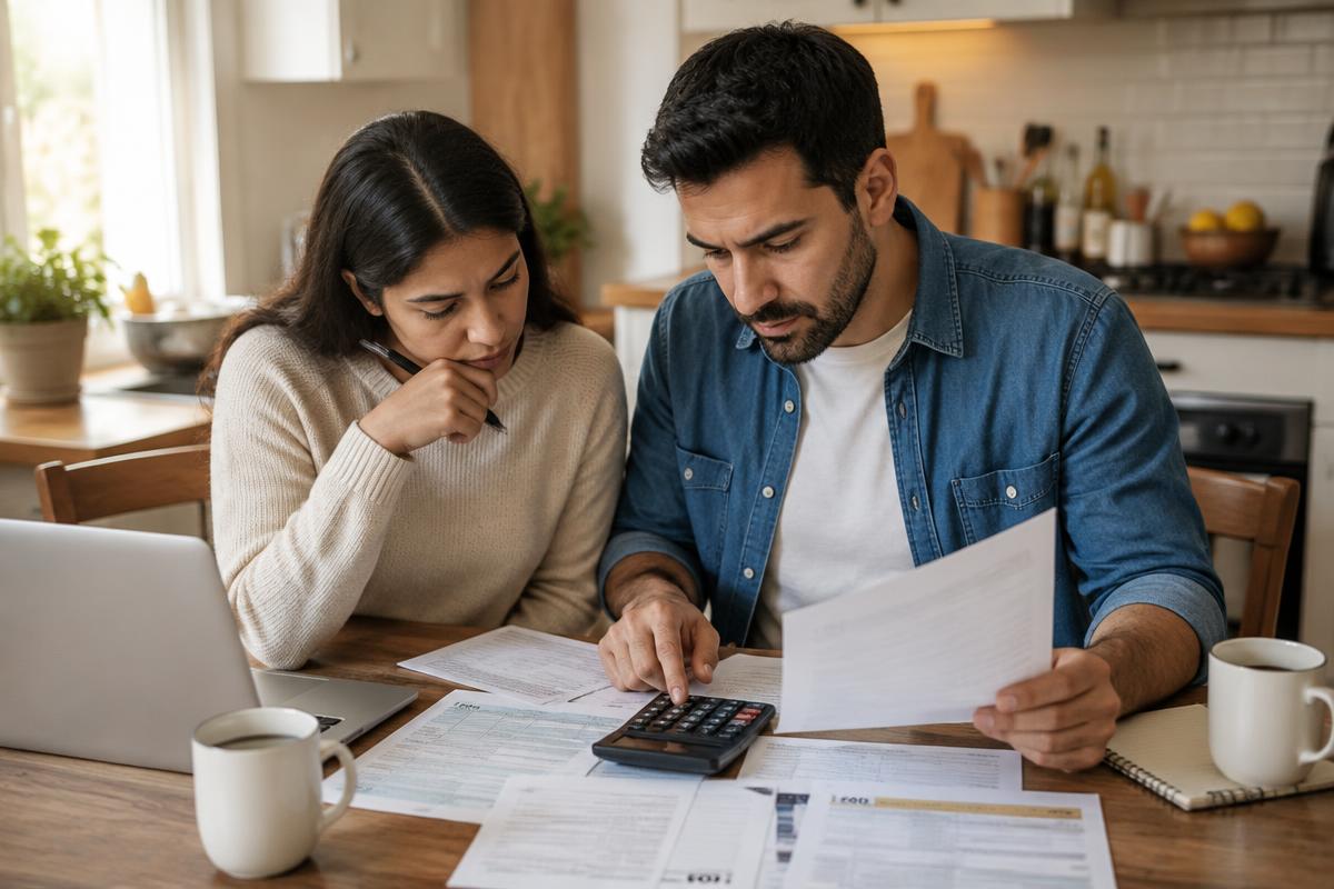 A couple at a kitchen table reviewing tax paperwork with a calculator and laptop