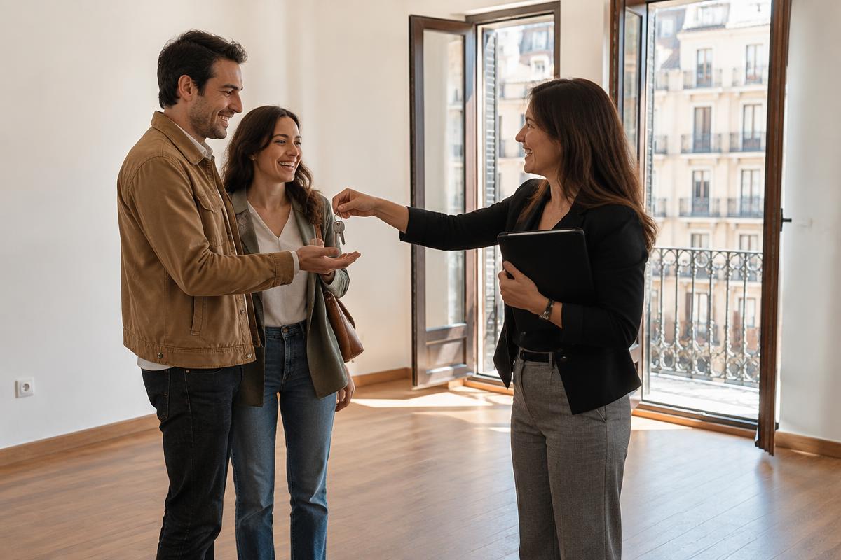 A couple receiving keys from an estate agent in an empty Spanish apartment