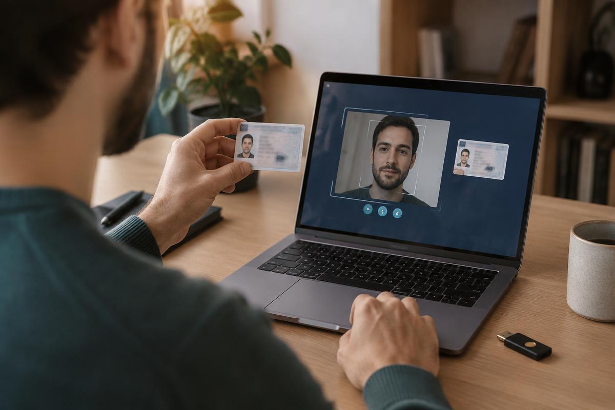 A person verifying their identity online with an ID card in front of a laptop