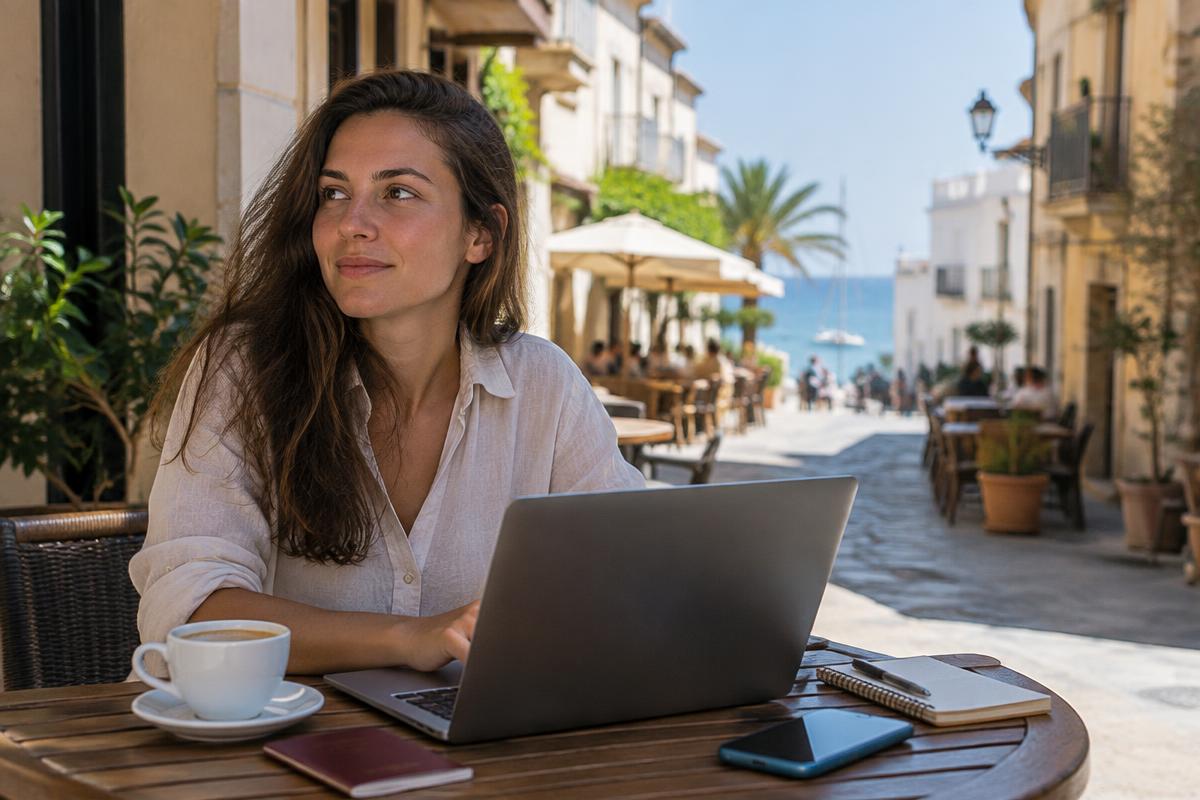 A remote worker with a laptop, passport and coffee at a sunny Spanish cafe terrace