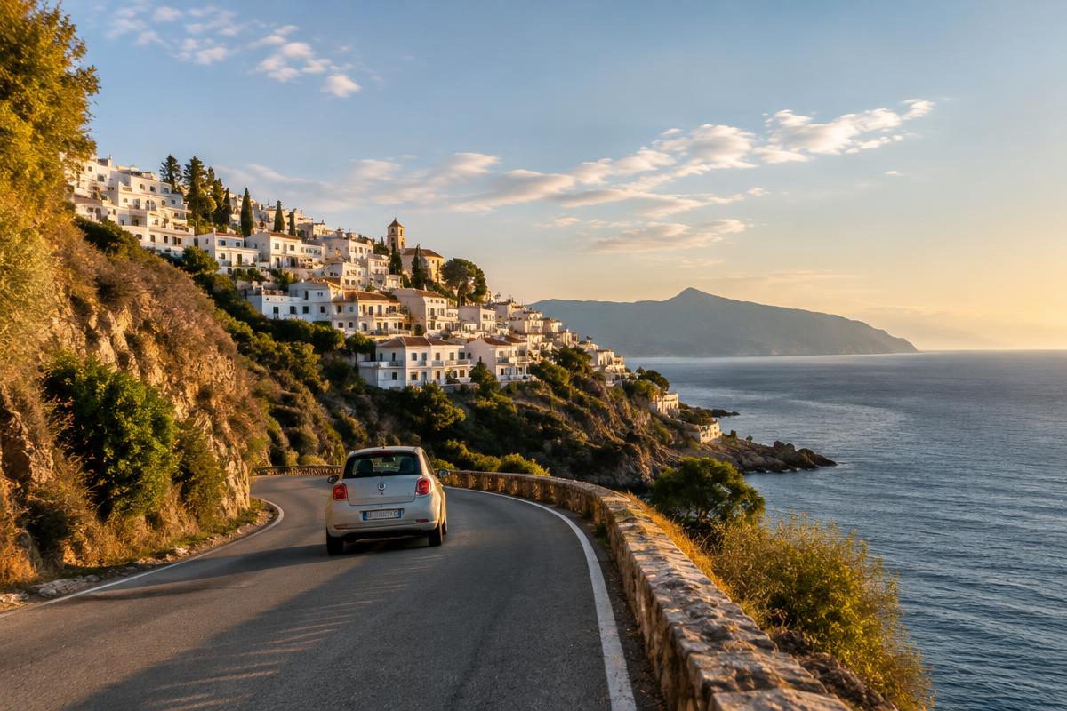A small car on a winding coastal road below a white Andalusian village at golden hour