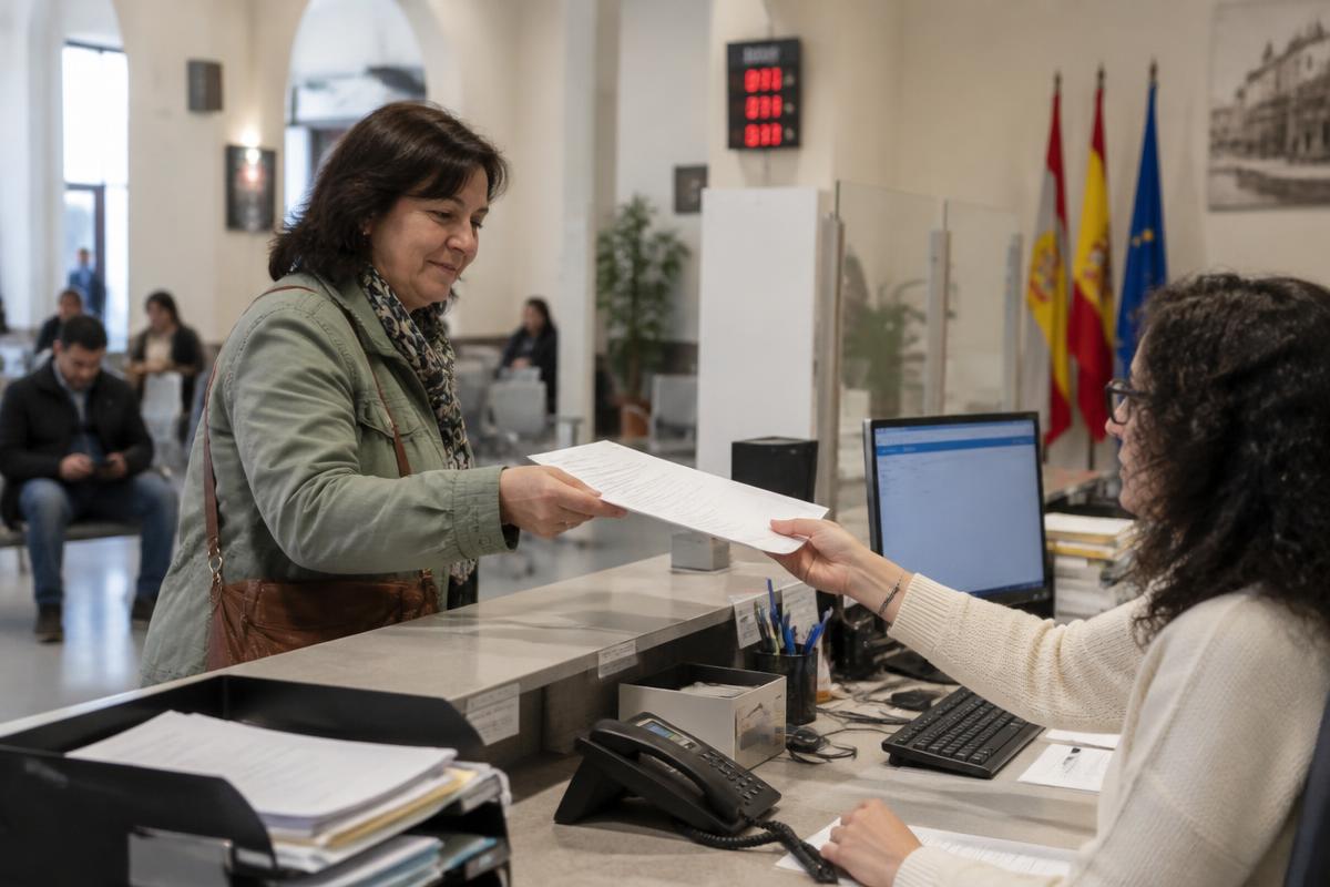 A resident handing documents to a clerk at a Spanish town hall counter