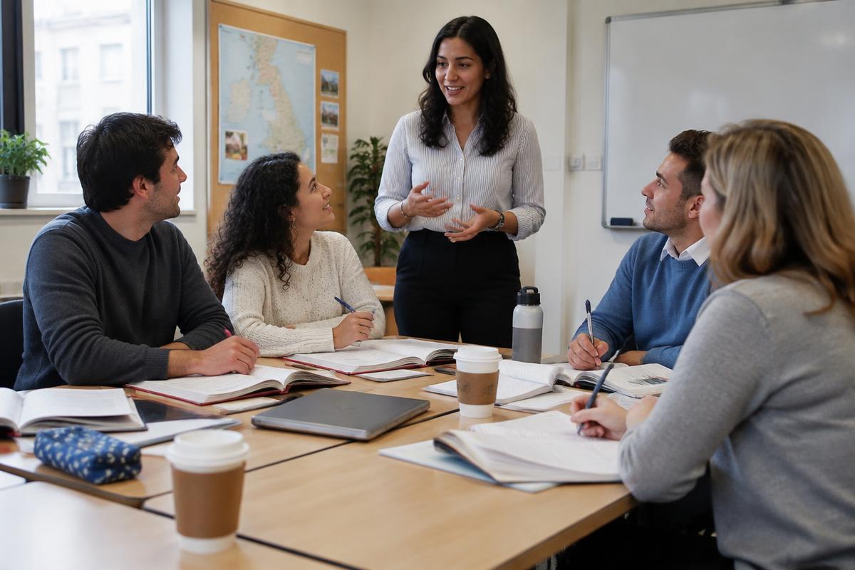 Adults practising Spanish together around a table in a language class