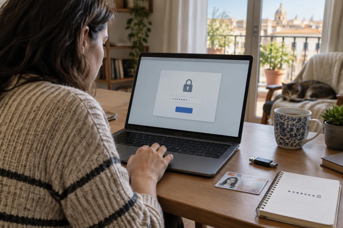 A person at a home desk entering a password on a laptop beside a USB drive and a Spanish residence card