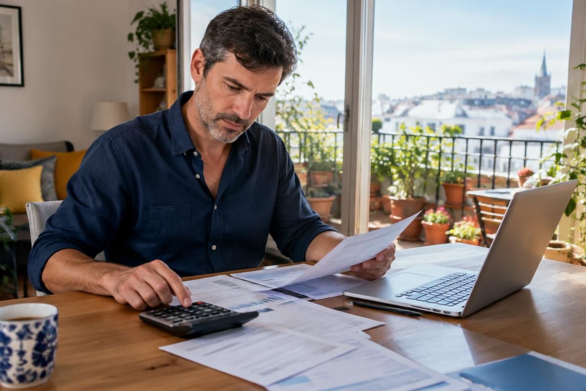 An expat reviewing overseas bank and brokerage statements with a calculator in a bright Spanish apartment