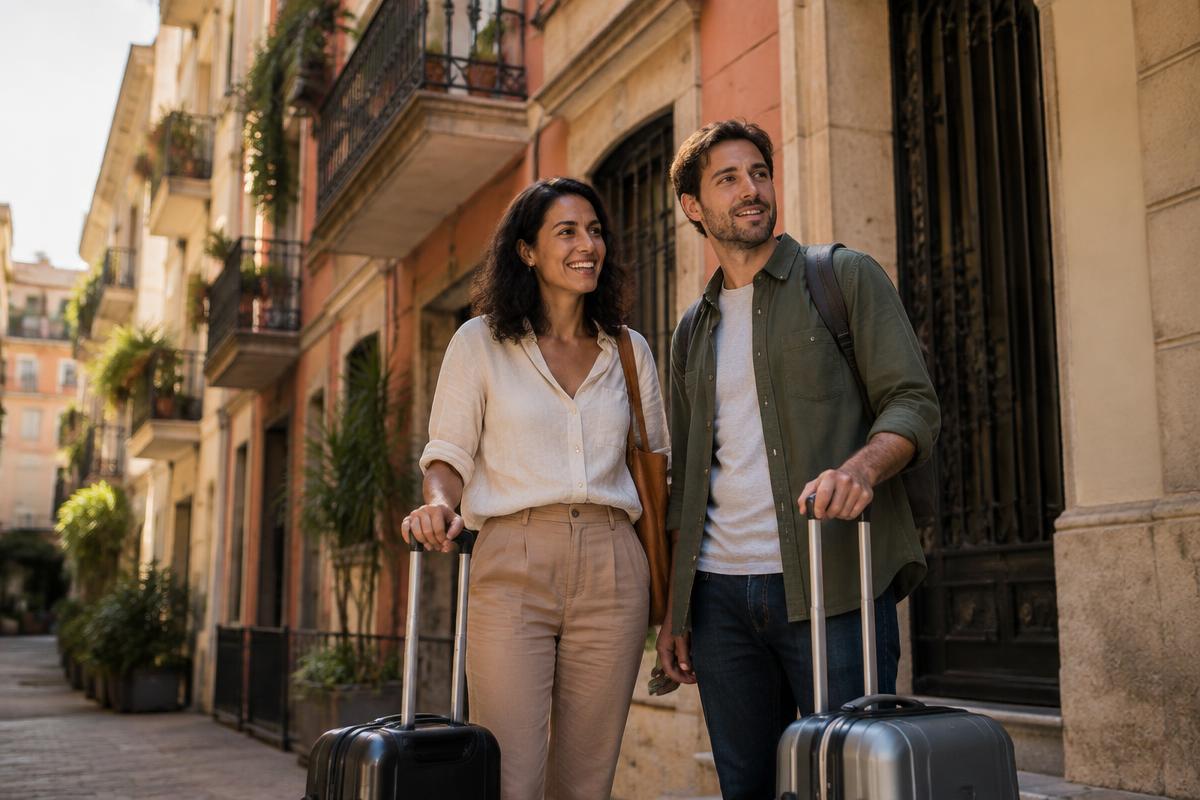 A couple arriving with suitcases outside a sunlit Spanish apartment building