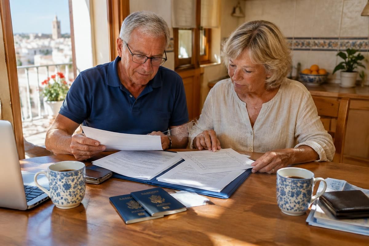 A retired American couple reviewing visa paperwork with US passports at a sunny Spanish kitchen table