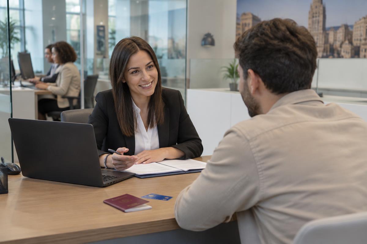 A customer meeting a bank adviser with a passport and bank card on the desk
