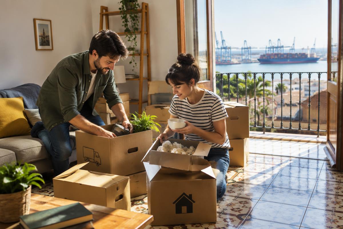 A couple unpacking moving boxes in a sunny Spanish apartment with a container port beyond the balcony