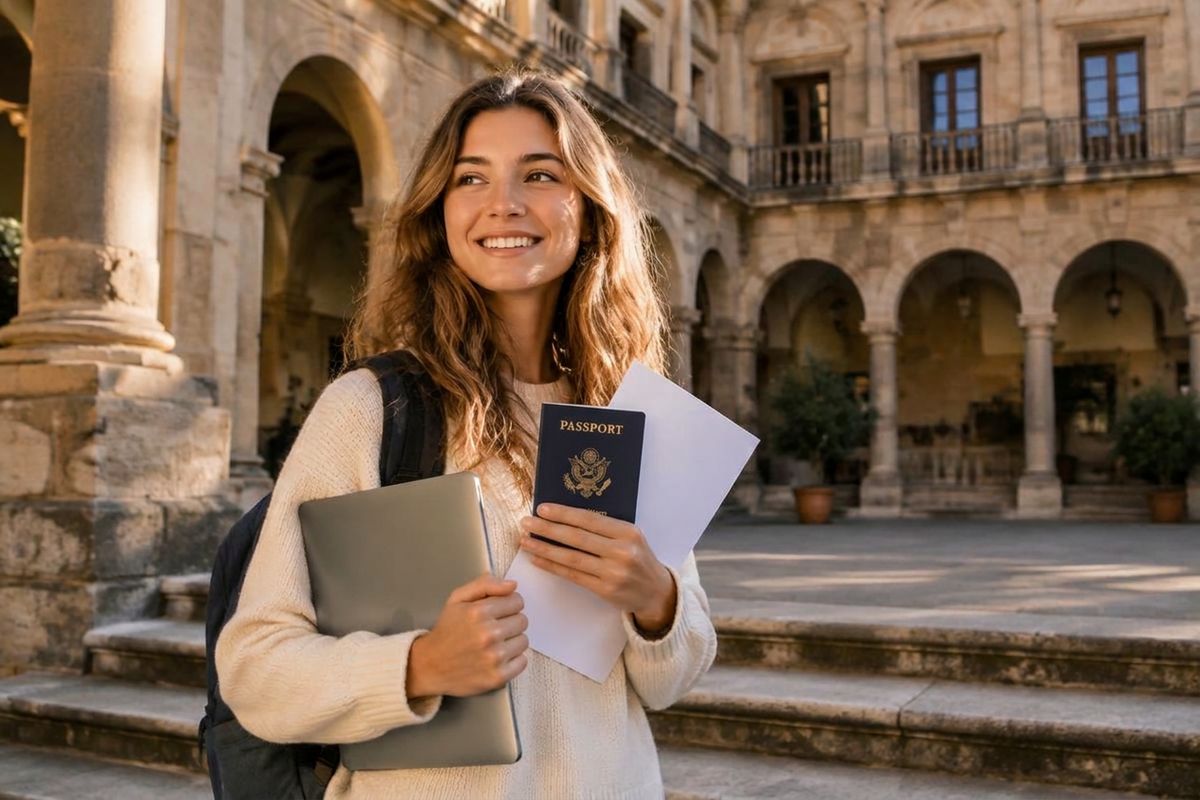 A smiling student holding a US passport and acceptance letter in a historic Spanish university courtyard