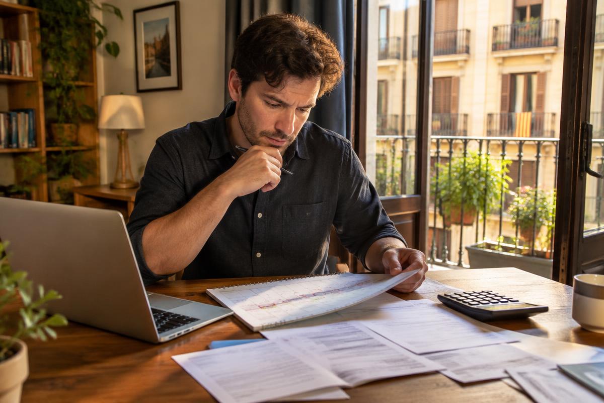 An expat reviewing a marked calendar and tax papers at a desk beside a Spanish balcony