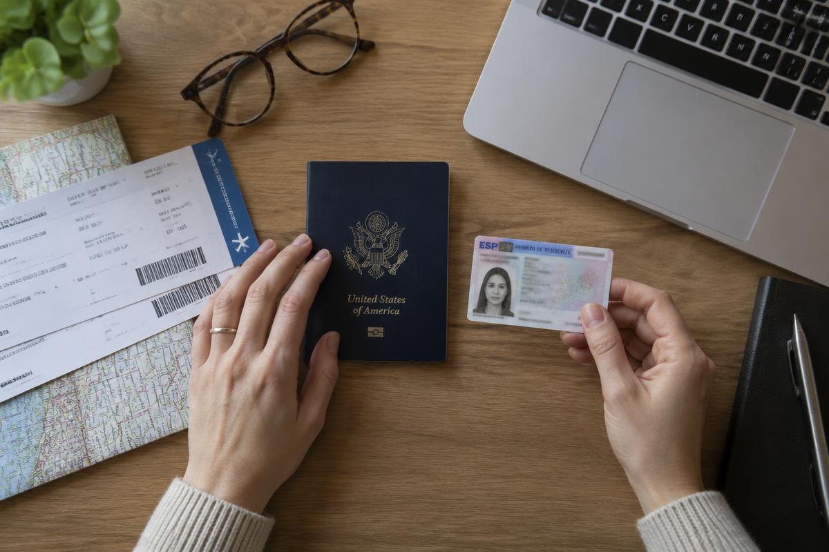 A US passport and Spanish residence card laid out on a desk with a laptop