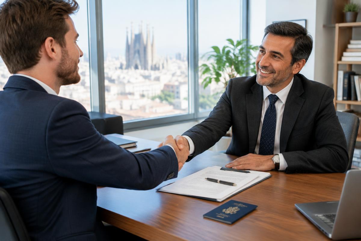 An American professional shaking hands with a Spanish employer over a job contract in a Barcelona office