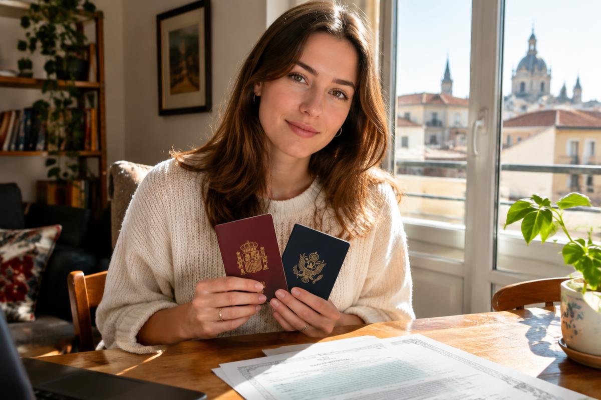 An American woman holding a Spanish passport and a US passport at a sunlit table in a Madrid apartment