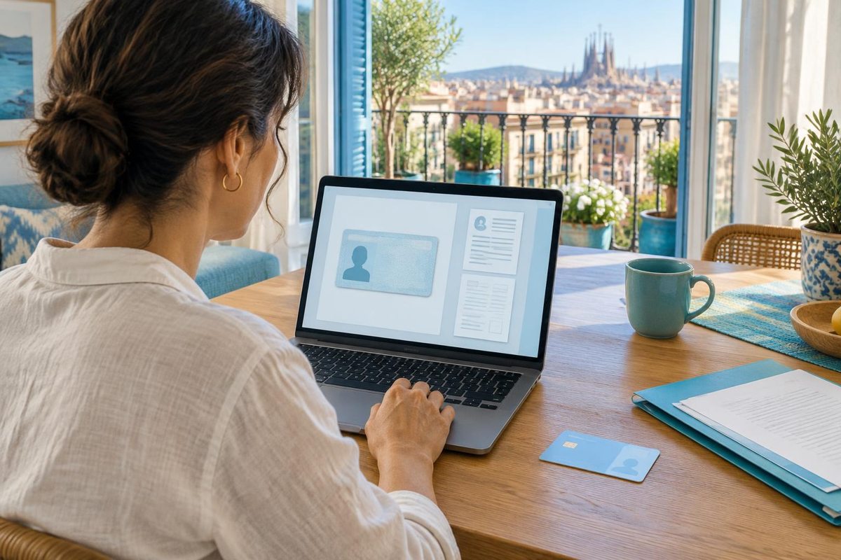 A resident reviewing digital identity documents on a laptop beside a healthcare card in a Barcelona apartment