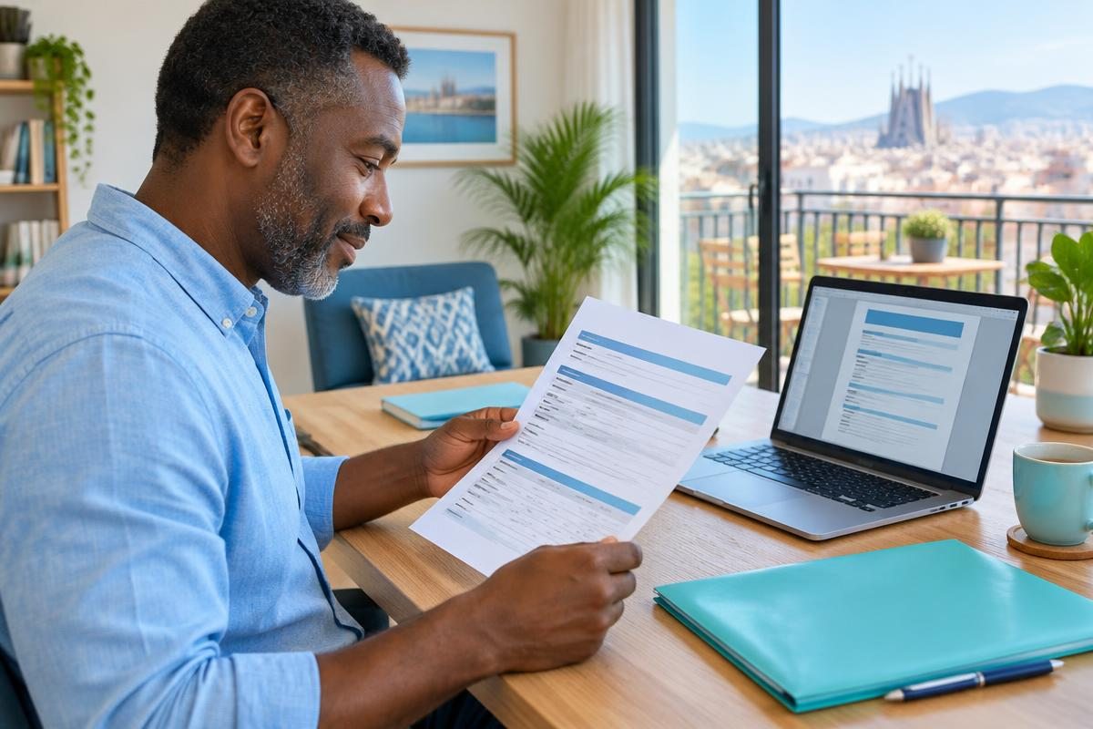 A man reviewing a printed employment-history report beside a laptop in a Barcelona home office